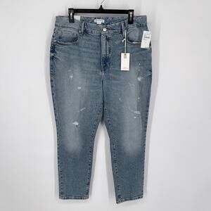 Good American Good Classic Distressed Straight Jeans NEW Sz 12 / 31 Stretch Blue